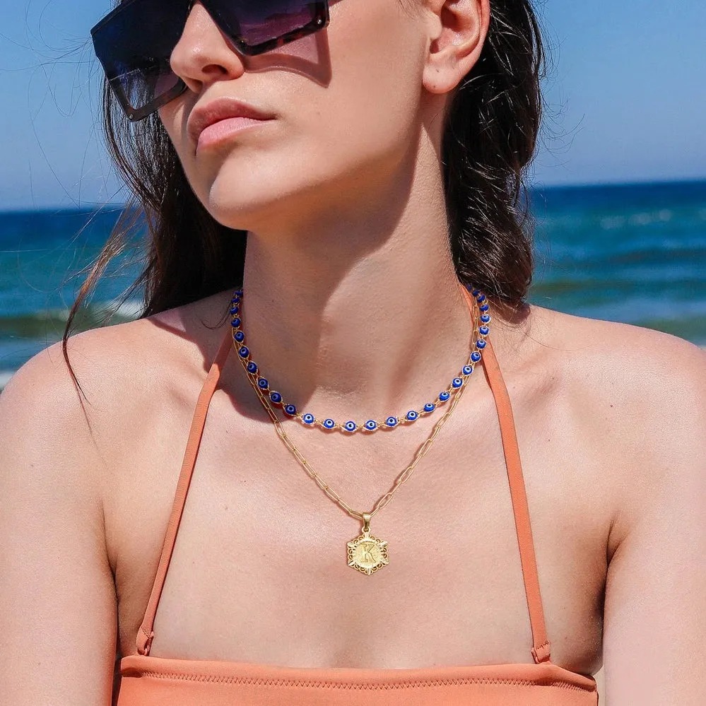 14K Gold Layered Evil Eye Initial Necklaces for Women