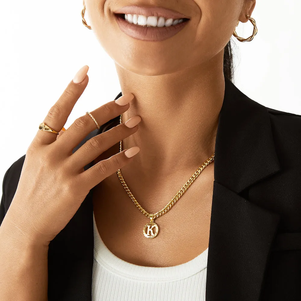 14K Gold Plated Round Letter Pendant Necklace with 5mm Cuban Chain