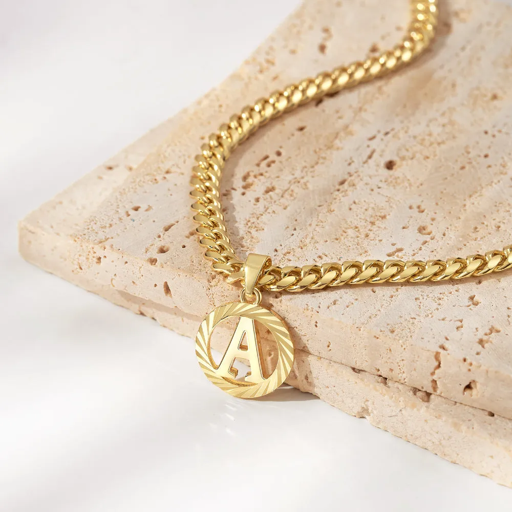 14K Gold Plated Round Letter Pendant Necklace with 5mm Cuban Chain