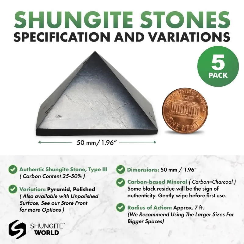 5 Pcs Authentic Shungite Pyramids Polished, 50 mm / 1.96" Real Shungite Stones Shungite Crystal Pyramid Home Protection Room Decor Office Decor Authentic Crystals Black Pyramid 50 mm / 1.96"