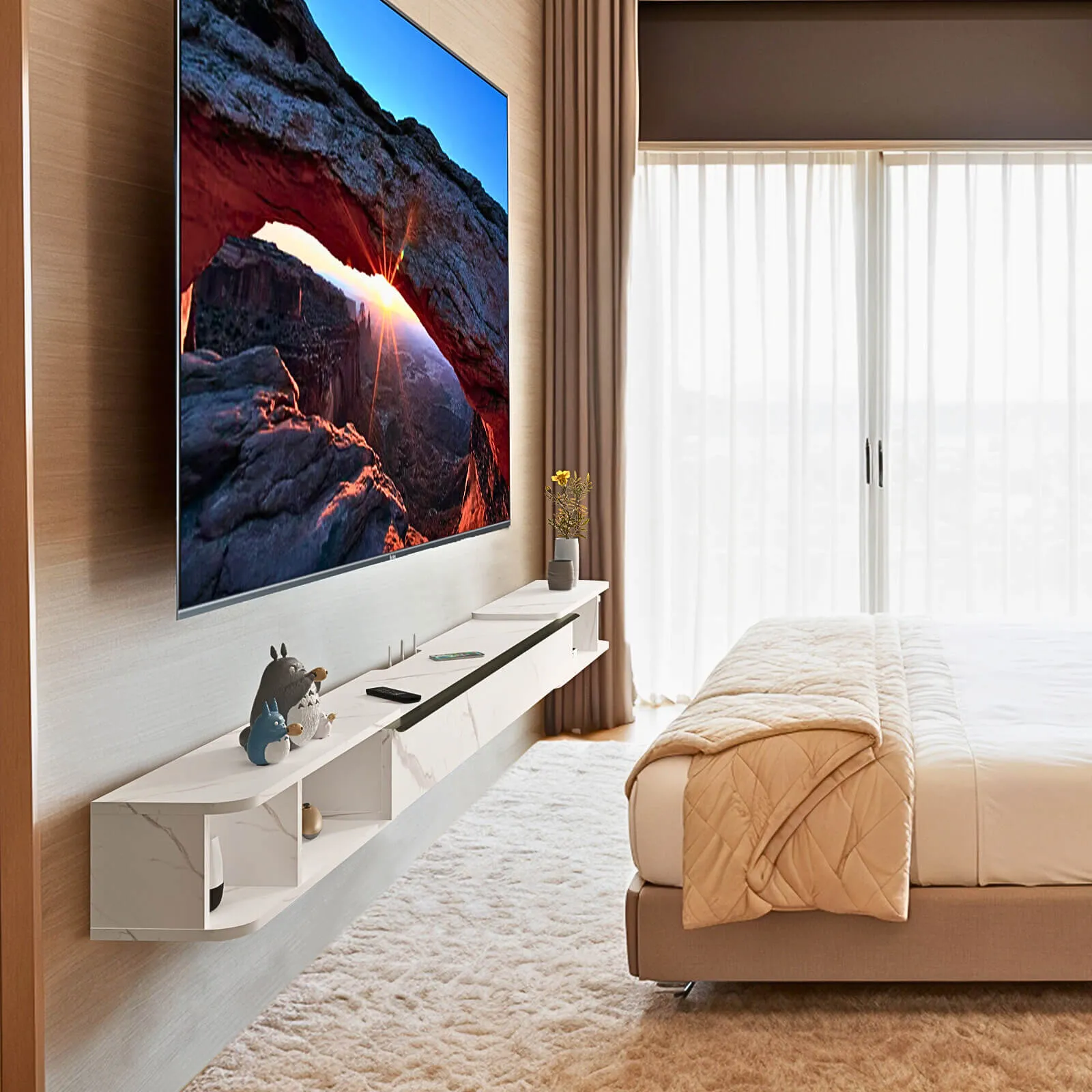 87"- 122" Retracto Floating TV Stand, Marble White