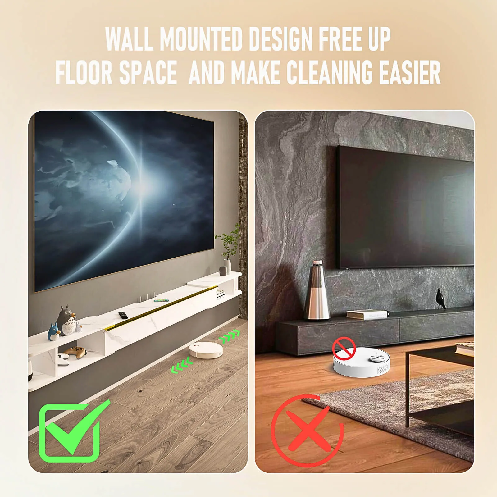 87"- 122" Retracto Floating TV Stand, Marble White