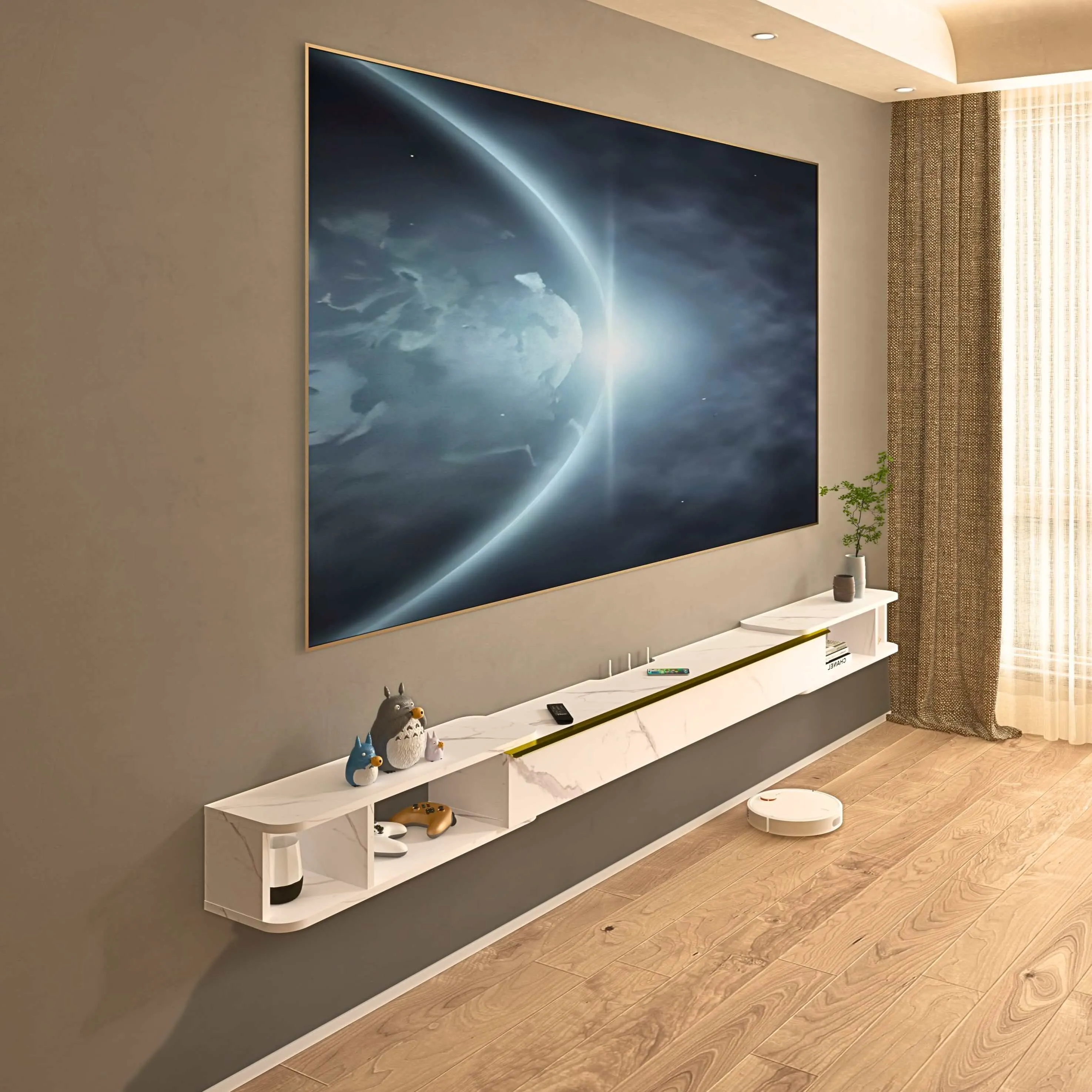 87"- 122" Retracto Floating TV Stand, Marble White