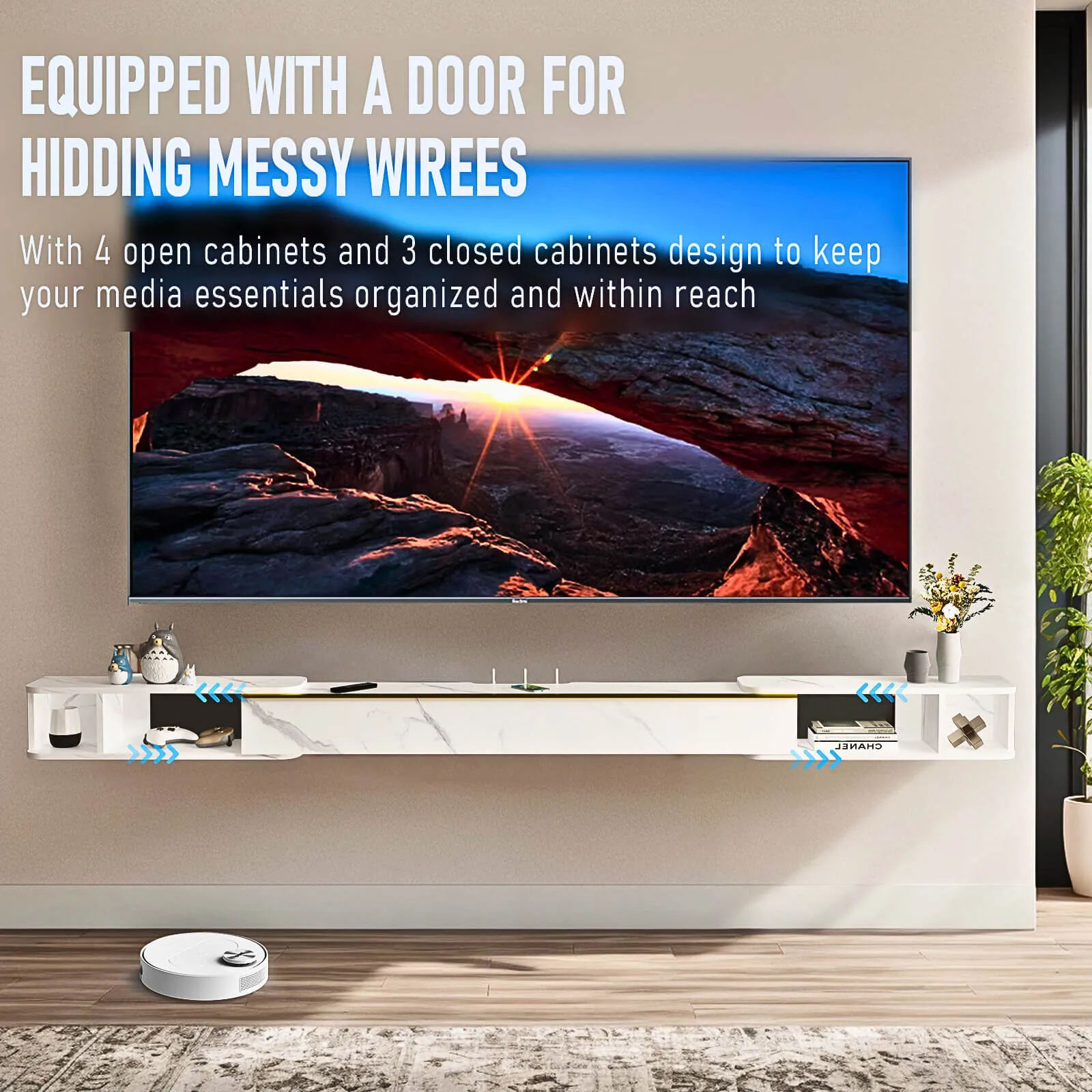 87"- 122" Retracto Floating TV Stand, Marble White