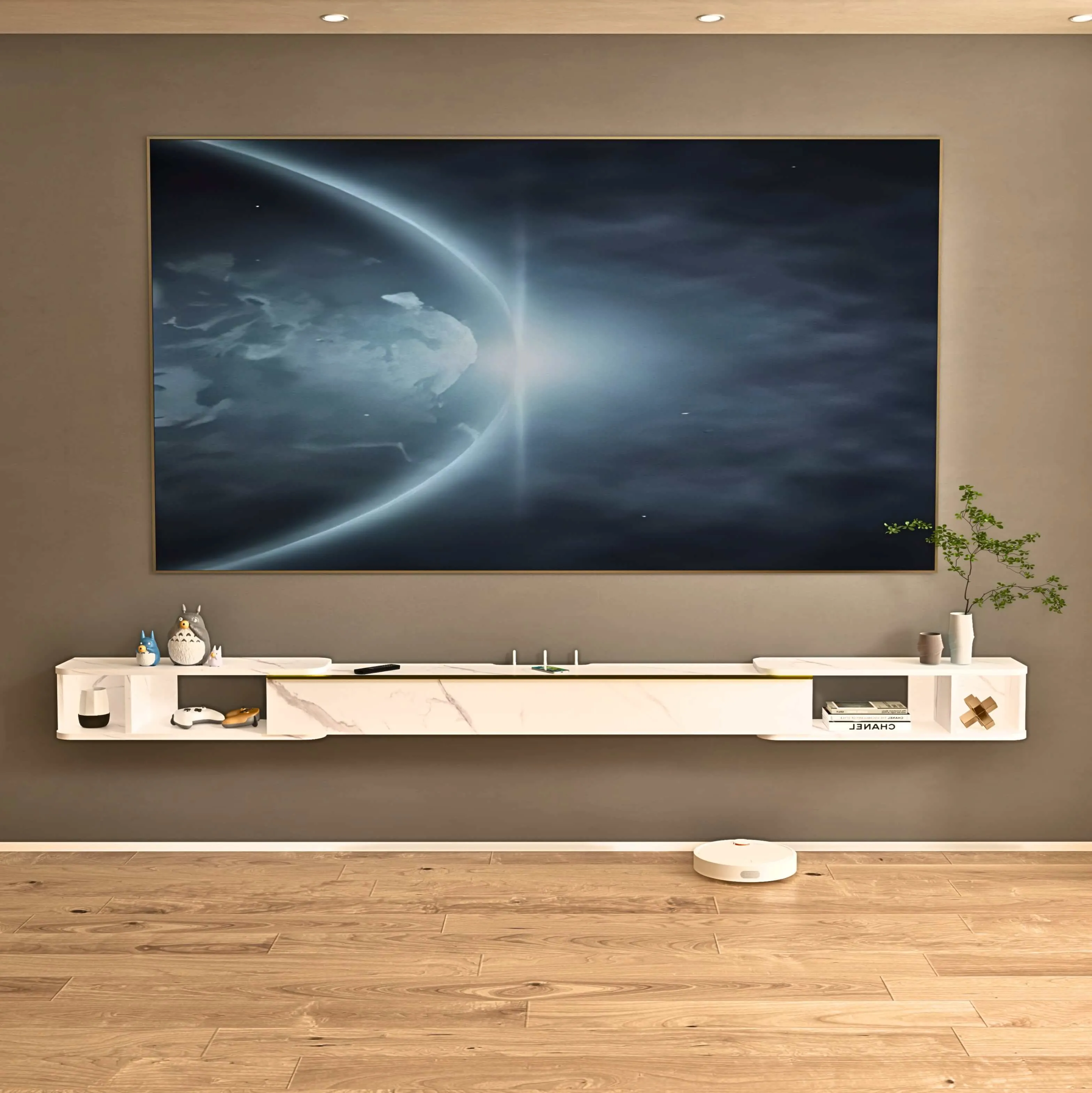 87"- 122" Retracto Floating TV Stand, Marble White