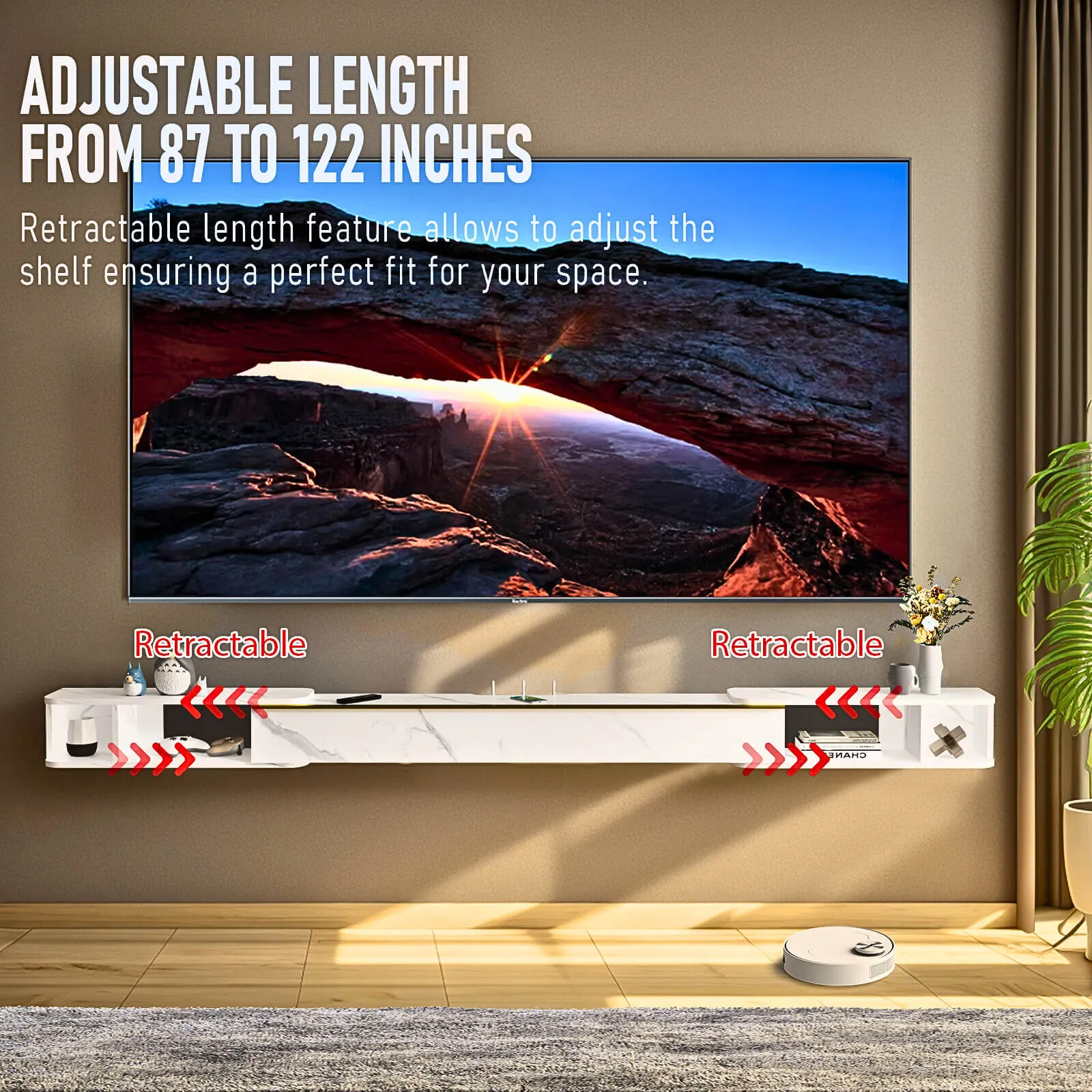 87"- 122" Retracto Floating TV Stand, Marble White
