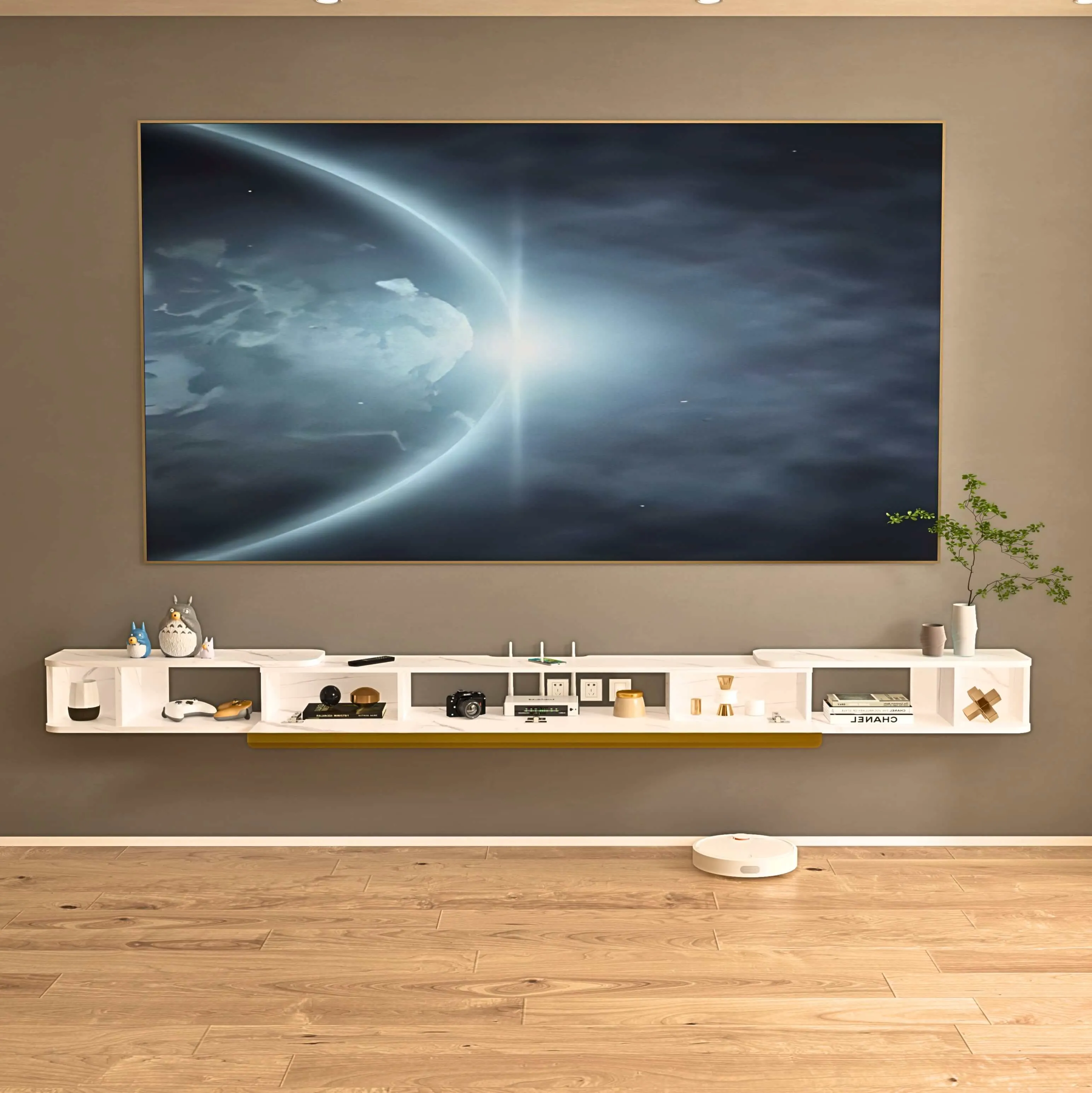 87"- 122" Retracto Floating TV Stand, Marble White