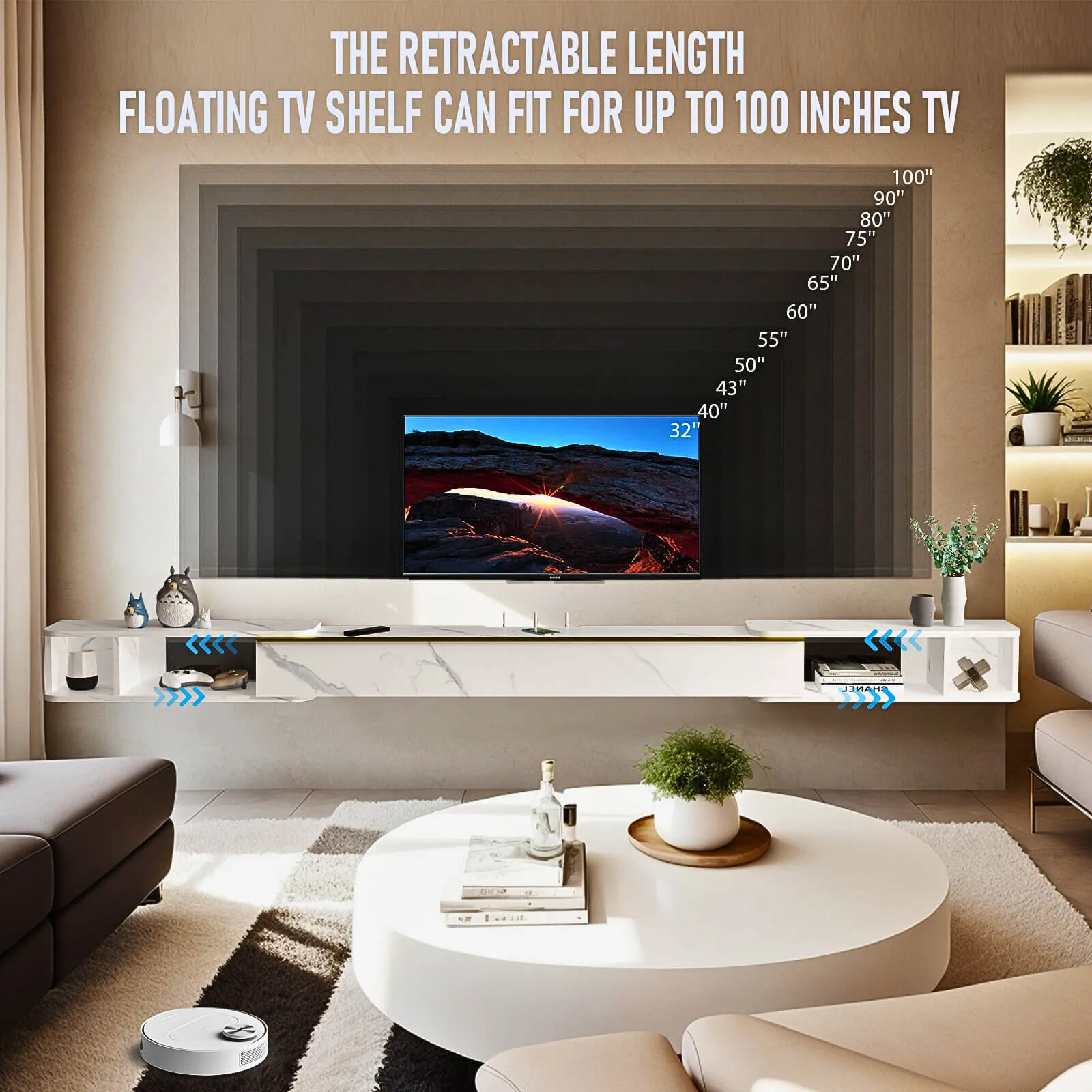 87"- 122" Retracto Floating TV Stand, Marble White