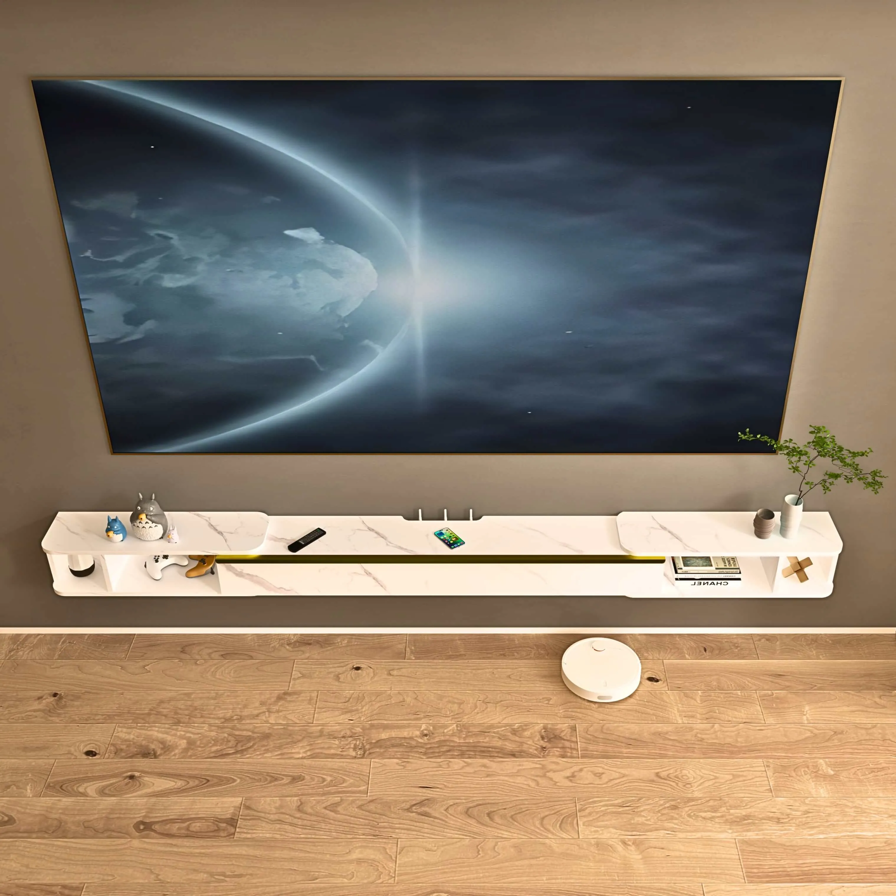 87"- 122" Retracto Floating TV Stand, Marble White