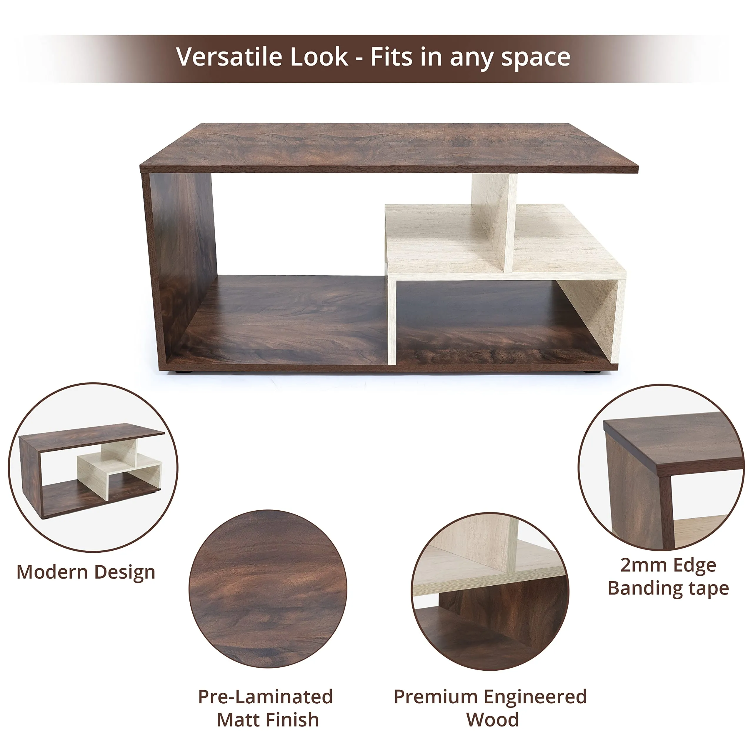 ABOUT SPACE Coffee Table - Portable Wooden Centre Table with Storage & Open Rack - DIY Furniture - Sofa Tea Poyee Table for Living Room, Home, Office Tea Table(Beige & Walnut - L 101 x B 40 x H 47 cm)