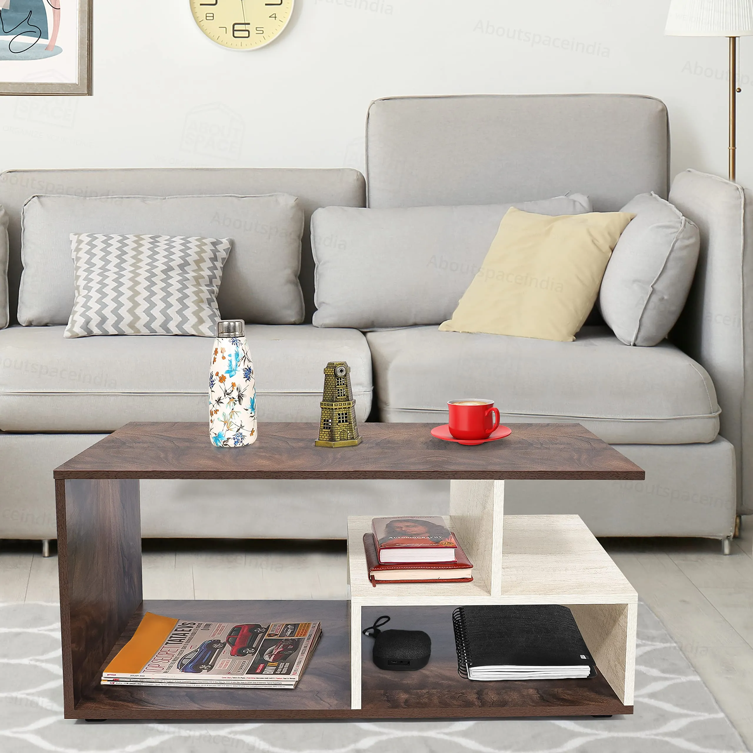 ABOUT SPACE Coffee Table - Portable Wooden Centre Table with Storage & Open Rack - DIY Furniture - Sofa Tea Poyee Table for Living Room, Home, Office Tea Table(Beige & Walnut - L 101 x B 40 x H 47 cm)