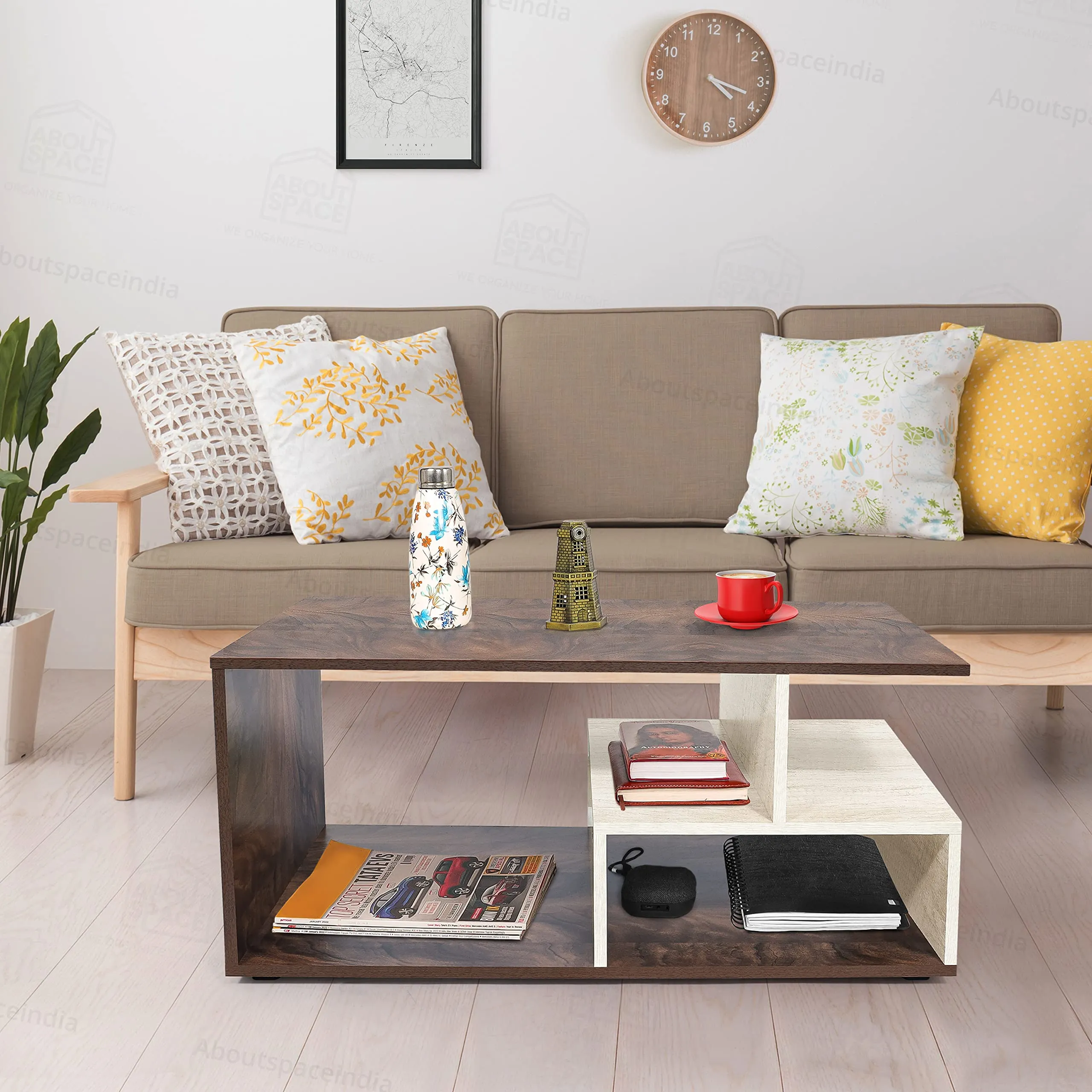 ABOUT SPACE Coffee Table - Portable Wooden Centre Table with Storage & Open Rack - DIY Furniture - Sofa Tea Poyee Table for Living Room, Home, Office Tea Table(Beige & Walnut - L 101 x B 40 x H 47 cm)