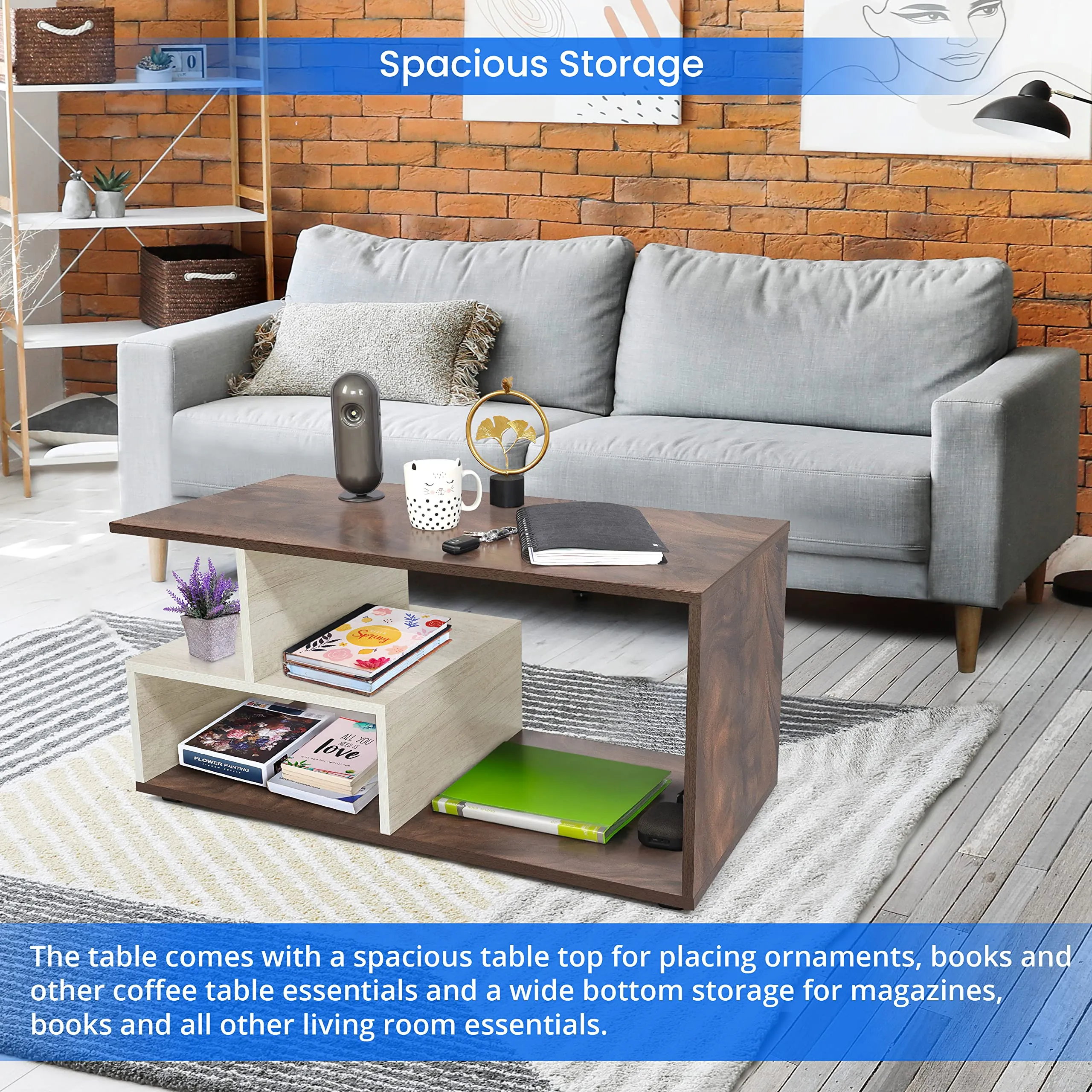 ABOUT SPACE Coffee Table - Portable Wooden Centre Table with Storage & Open Rack - DIY Furniture - Sofa Tea Poyee Table for Living Room, Home, Office Tea Table(Beige & Walnut - L 101 x B 40 x H 47 cm)