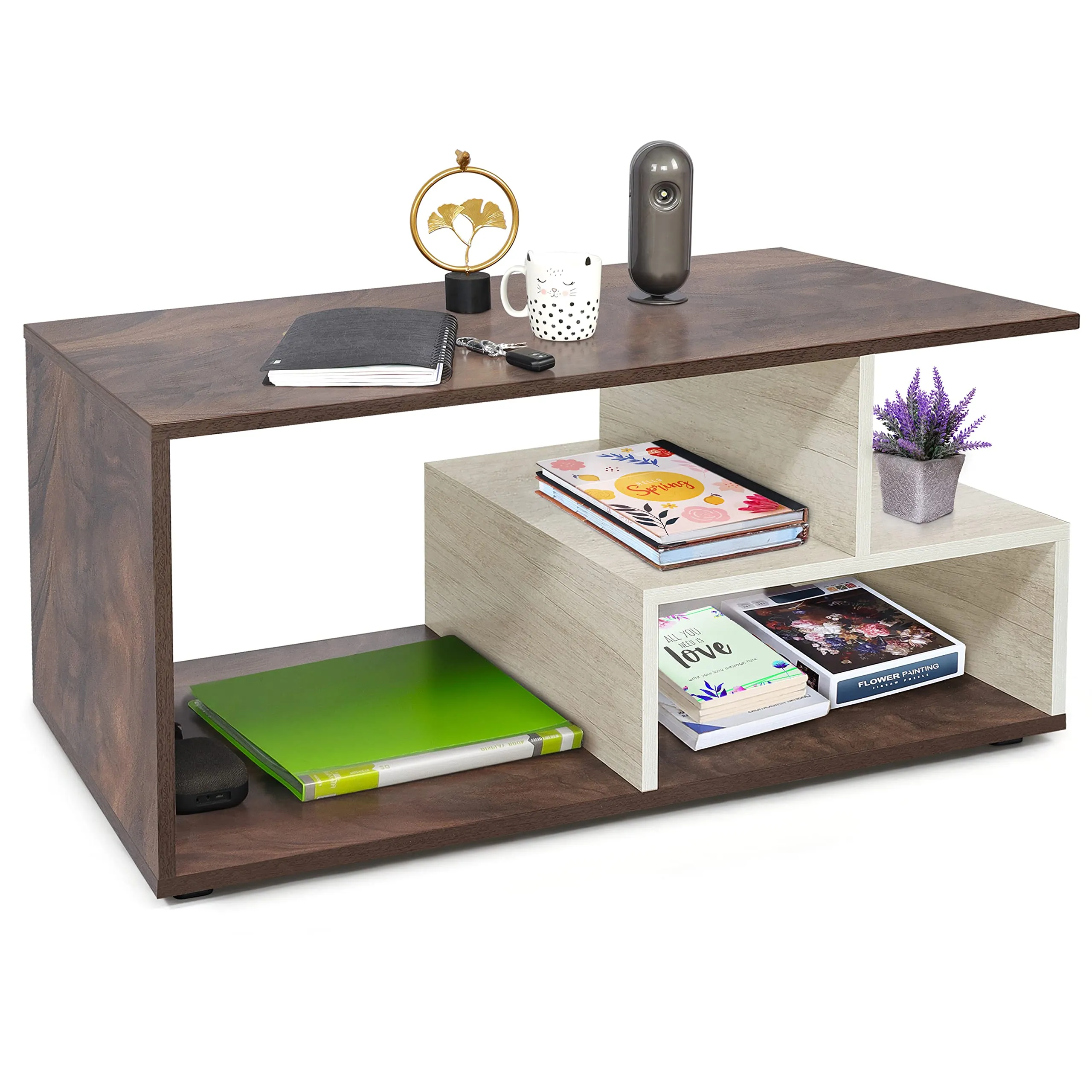 ABOUT SPACE Coffee Table - Portable Wooden Centre Table with Storage & Open Rack - DIY Furniture - Sofa Tea Poyee Table for Living Room, Home, Office Tea Table(Beige & Walnut - L 101 x B 40 x H 47 cm)