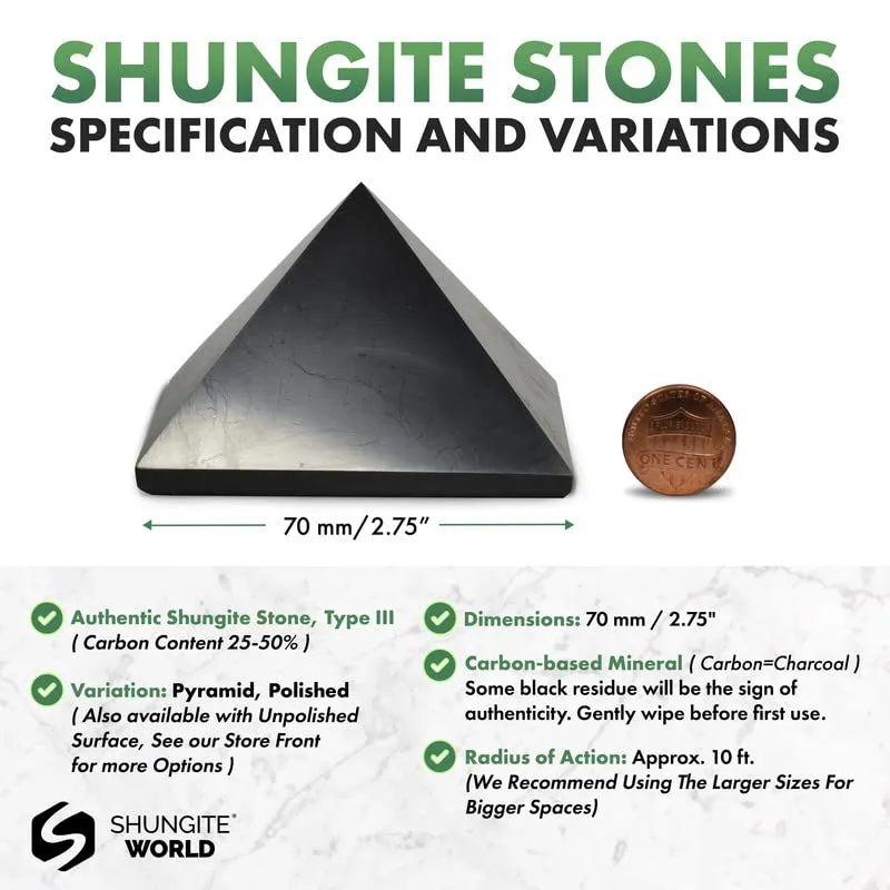 Authentic Shungite Pyramid from Real Shungite Stones Shungite Crystal Pyramid Home Protection Room Decor Office Desk Decor Authentic Crystals Black Pyramid (Polished, 70 mm / 2.75") Polished 70 mm / 2.75"