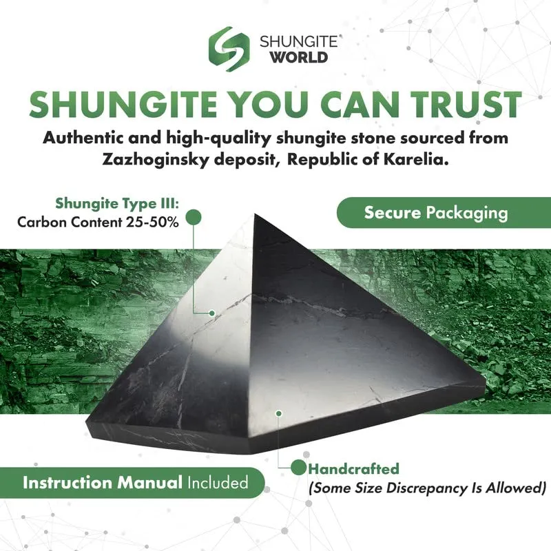 Authentic Shungite Pyramid from Real Shungite Stones Shungite Crystal Pyramid Home Protection Room Decor Office Desk Decor Authentic Crystals Black Pyramid (Polished, 70 mm / 2.75") Polished 70 mm / 2.75"