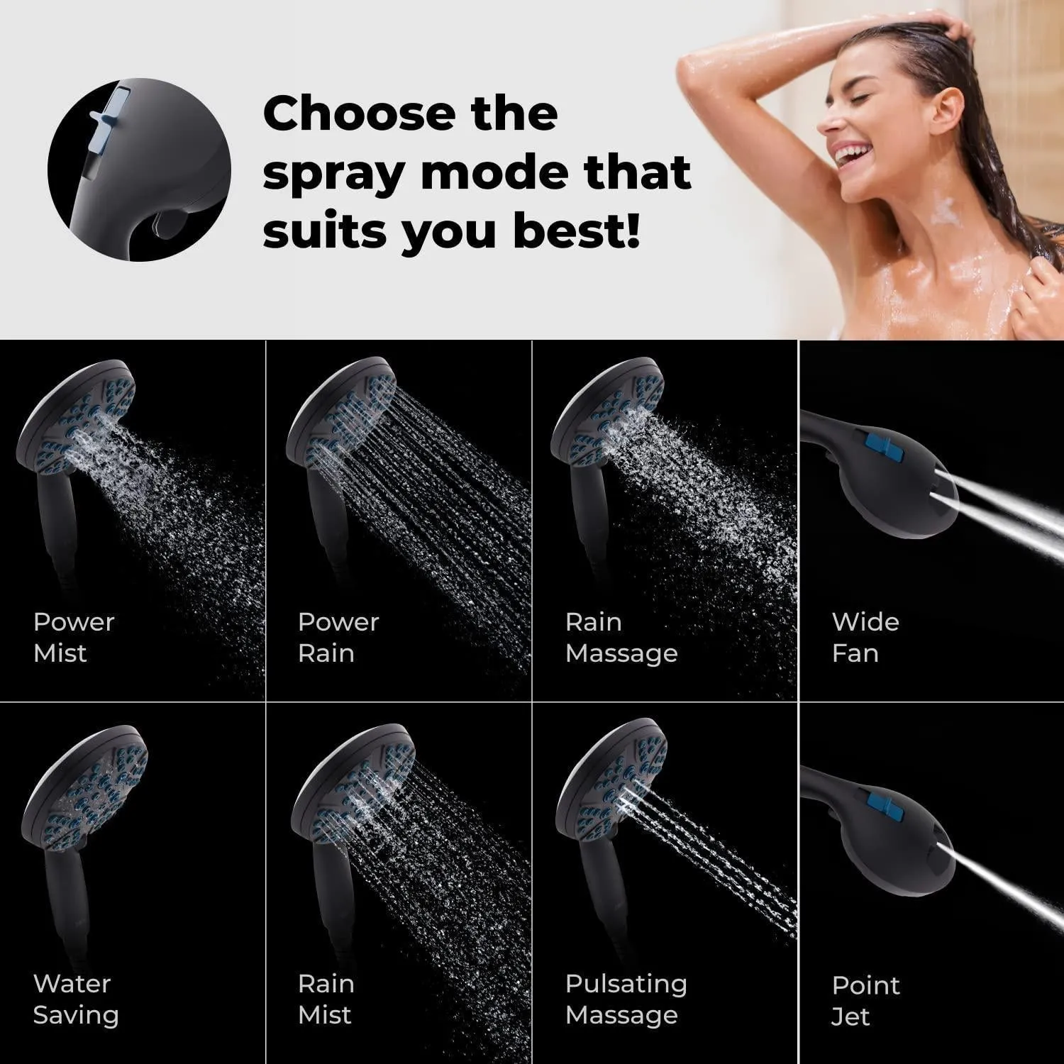 Black High Pressure Shower Head with Handheld 8 Spray Settings Removable Head