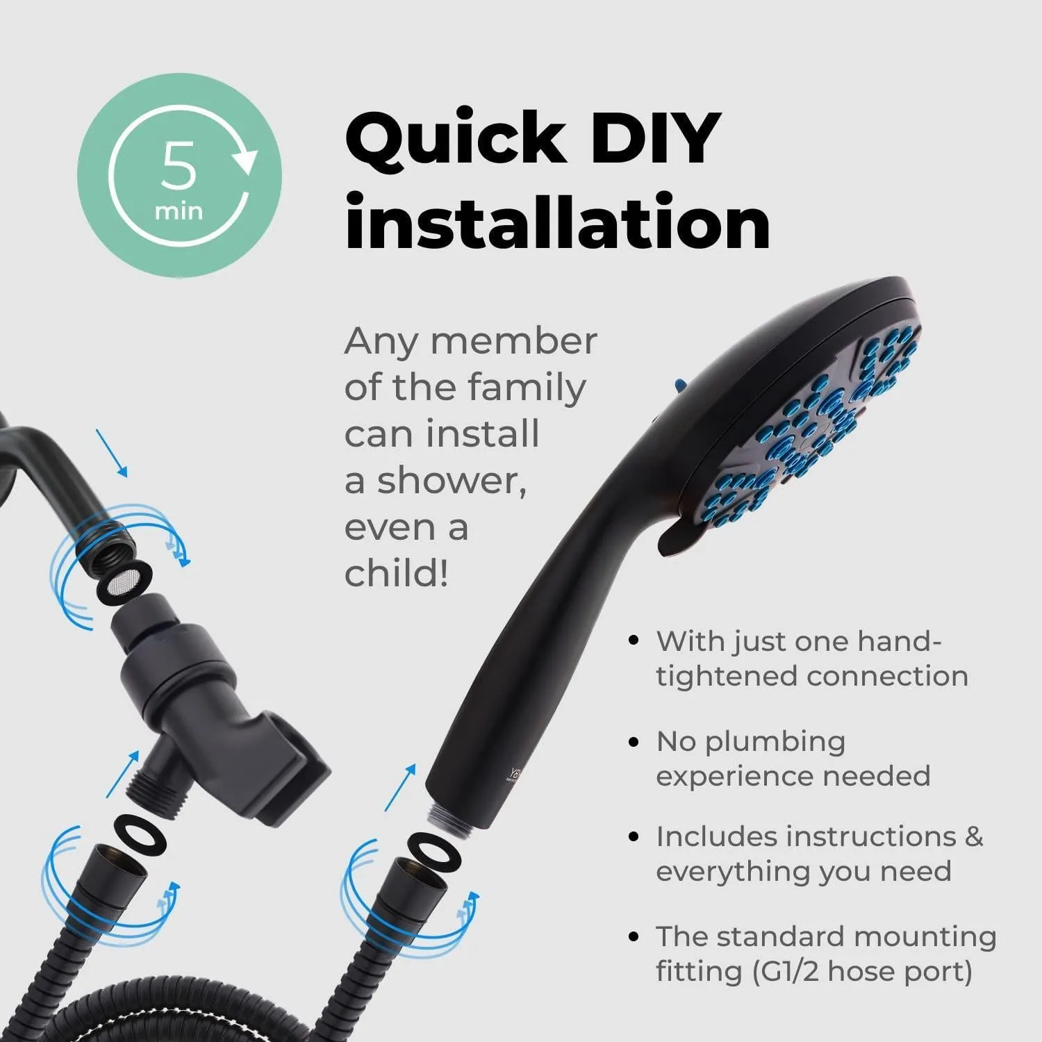 Black High Pressure Shower Head with Handheld 8 Spray Settings Removable Head