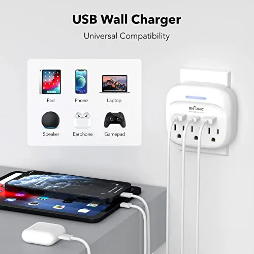 BN-LINK Multi Plug Outlet Extender with 3 Outlets and 3 USB Ports, 3 AC Outlet Splitter with 3 USB Ports (1 USB C), Wall Charger Adapter for Dorm, School, Travel, Office, Home, Travel, 1 Pack