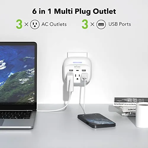 BN-LINK Multi Plug Outlet Extender with 3 Outlets and 3 USB Ports, 3 AC Outlet Splitter with 3 USB Ports (1 USB C), Wall Charger Adapter for Dorm, School, Travel, Office, Home, Travel, 1 Pack