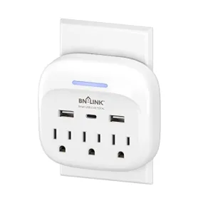 BN-LINK Multi Plug Outlet Extender with 3 Outlets and 3 USB Ports, 3 AC Outlet Splitter with 3 USB Ports (1 USB C), Wall Charger Adapter for Dorm, School, Travel, Office, Home, Travel, 1 Pack