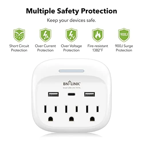BN-LINK Multi Plug Outlet Extender with 3 Outlets and 3 USB Ports, 3 AC Outlet Splitter with 3 USB Ports (1 USB C), Wall Charger Adapter for Dorm, School, Travel, Office, Home, Travel, 1 Pack