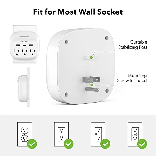 BN-LINK Multi Plug Outlet Extender with 3 Outlets and 3 USB Ports, 3 AC Outlet Splitter with 3 USB Ports (1 USB C), Wall Charger Adapter for Dorm, School, Travel, Office, Home, Travel, 1 Pack