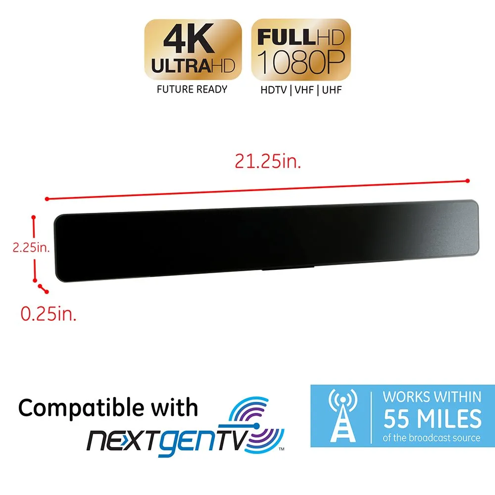 New GE Indoor Amplified Digital HD TV Antenna, Modern Bar Design, Long Range Amplifier Signal Booster, Supports 4K 1080p VHF UHF HDTV, Smart TV Compatible, Black