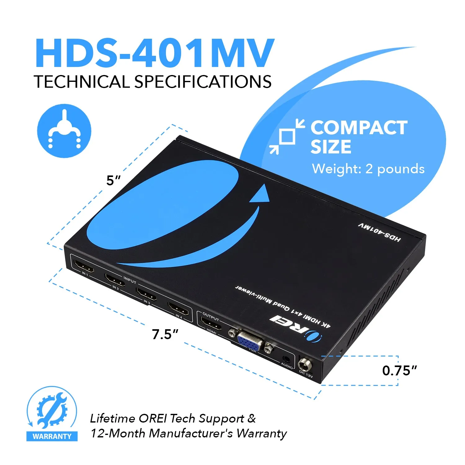 OREI HDS-401MV: 4x1 Quad Multi Viewer HDMI Switch- IR Remote Support -VGA Output