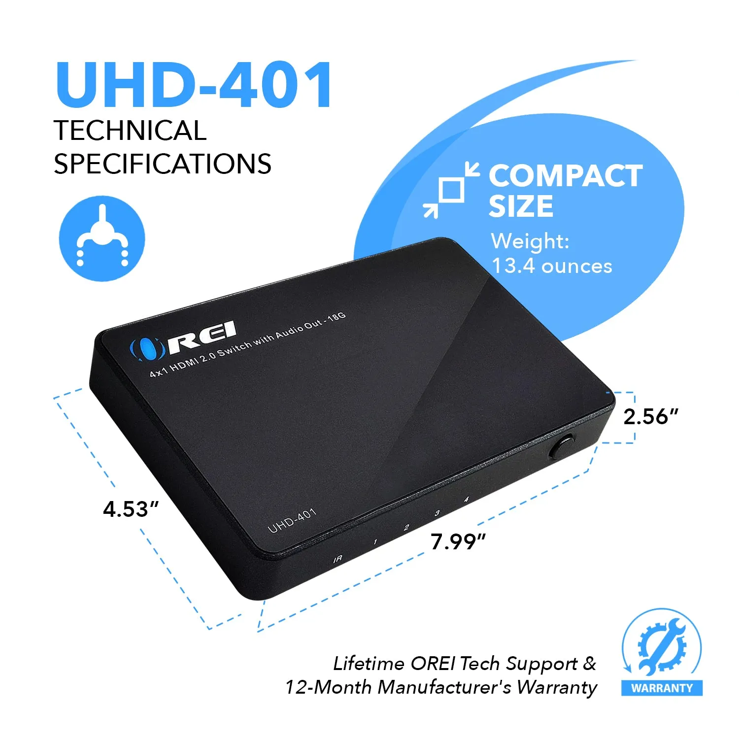 OREI UHD-401 High Powered 4x1 HDMI Switch with Audio Extraction & IR Remote