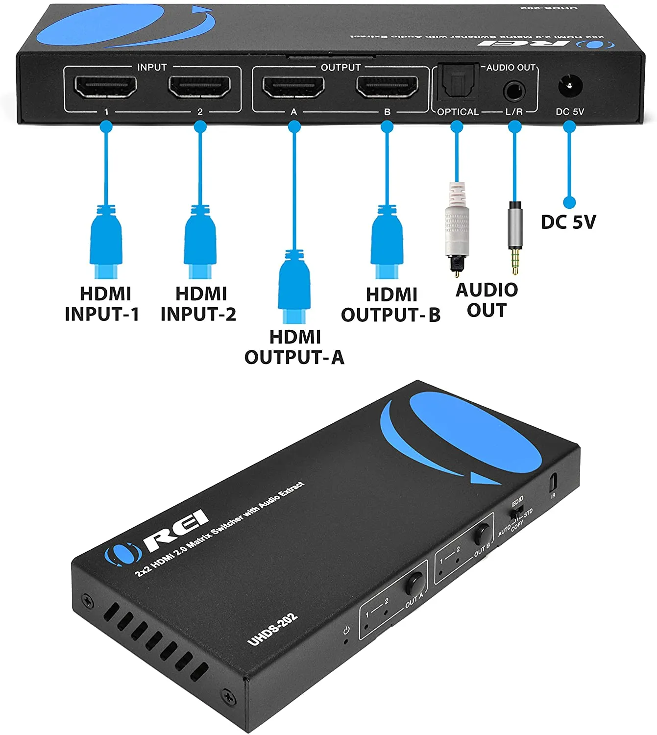 OREI UHDS-202: 2x2 HDMI Matrix Switch with Audio Extraction Support 4K @60Hz & 1080P