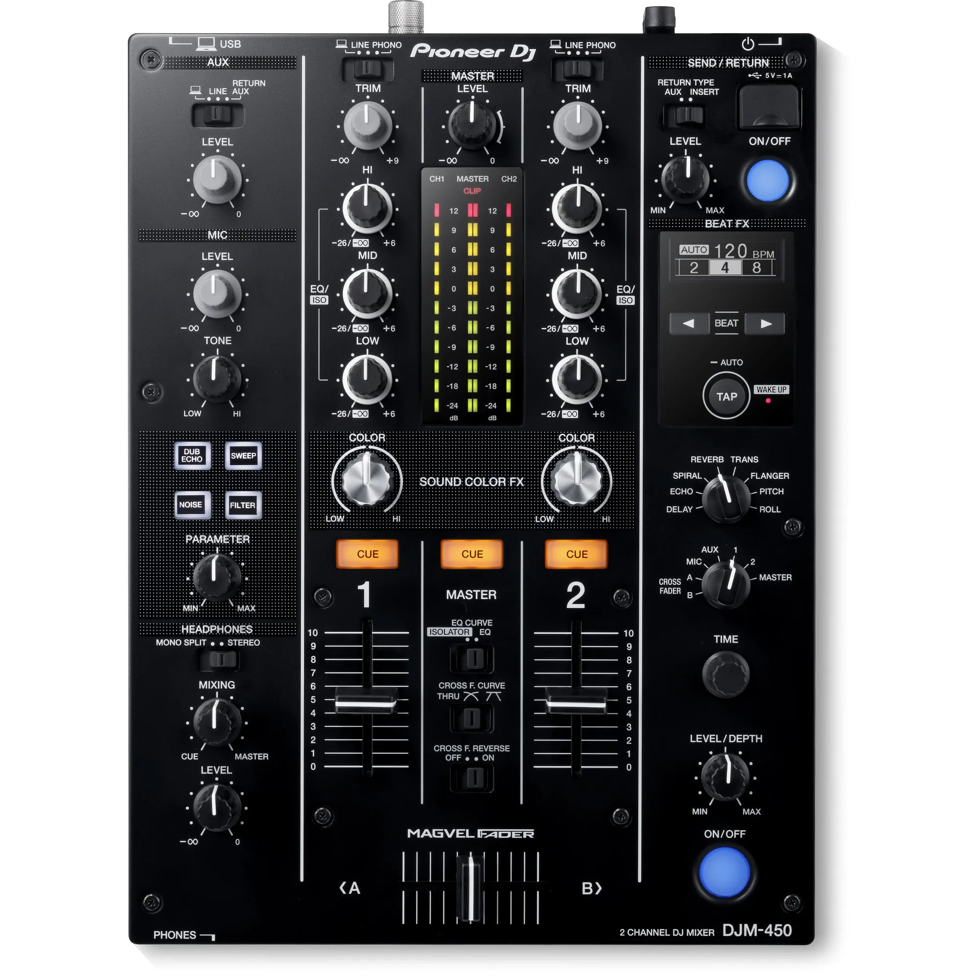 Pioneer DJ DJM-450 2-Channel DJ Mixer with Beat FX, Professional DJ Equipment Audio Interface Switcher