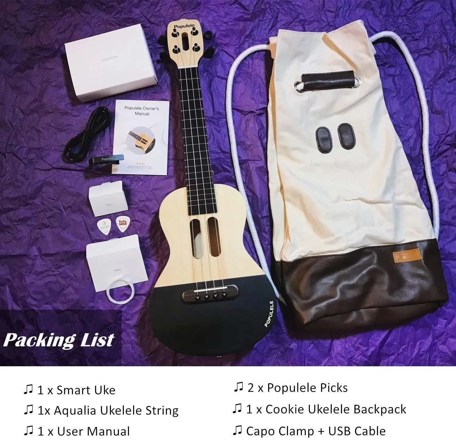 Populele U1 23in Concert Size 4 String Smart Ukulele with APP Controlled LED Light Bluetooth