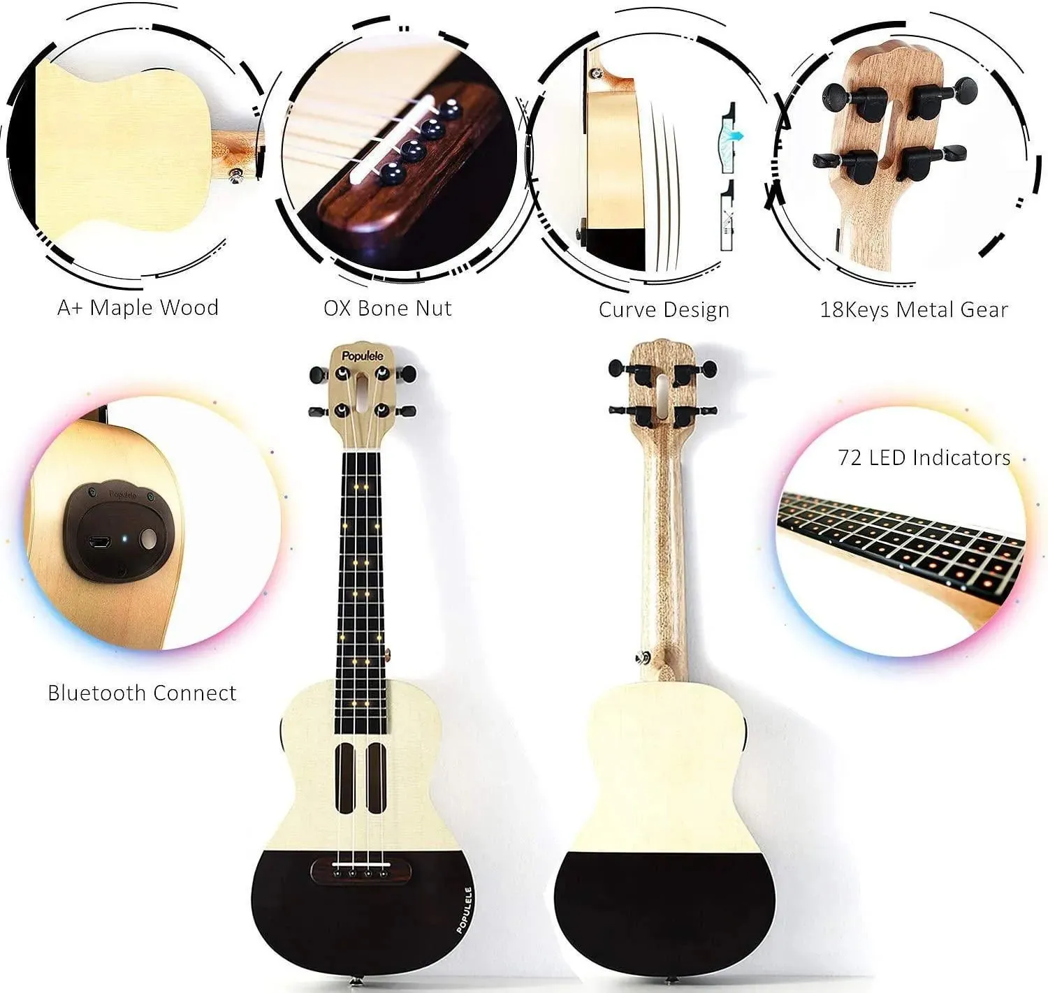 Populele U1 23in Concert Size 4 String Smart Ukulele with APP Controlled LED Light Bluetooth