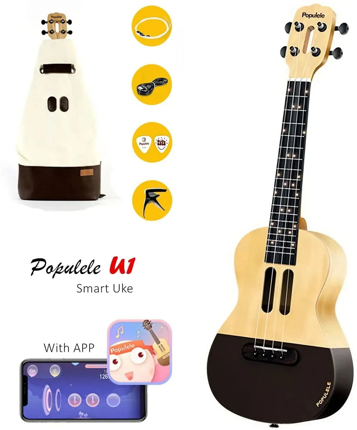 Populele U1 23in Concert Size 4 String Smart Ukulele with APP Controlled LED Light Bluetooth