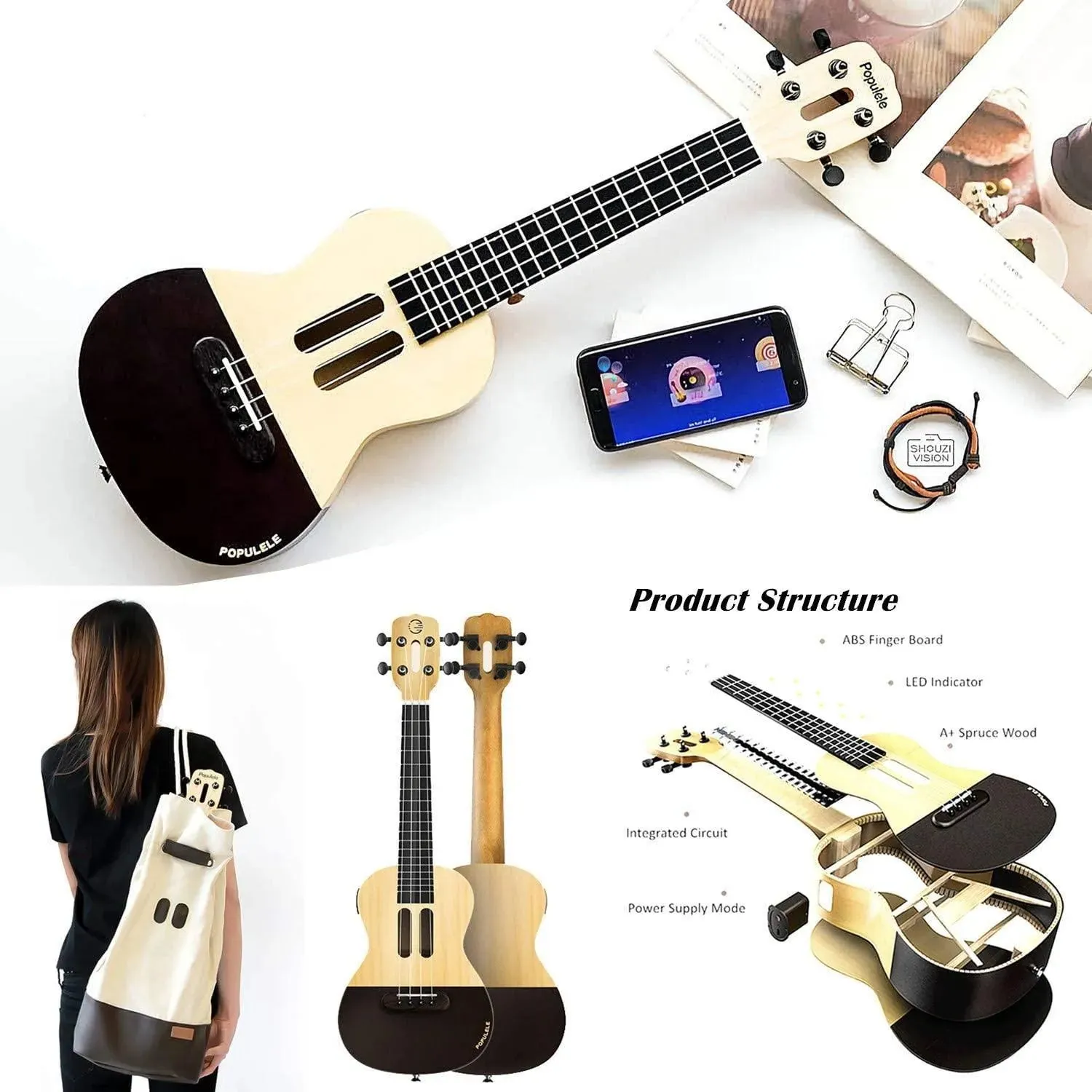 Populele U1 23in Concert Size 4 String Smart Ukulele with APP Controlled LED Light Bluetooth