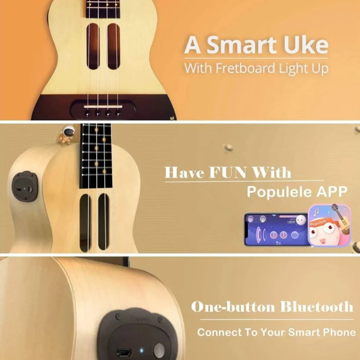 Populele U1 23in Concert Size 4 String Smart Ukulele with APP Controlled LED Light Bluetooth