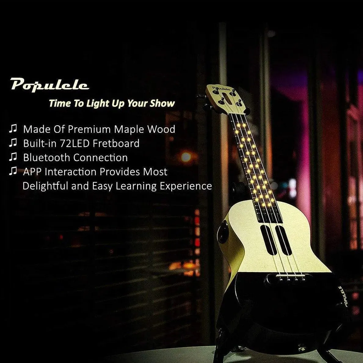 Populele U1 23in Concert Size 4 String Smart Ukulele with APP Controlled LED Light Bluetooth