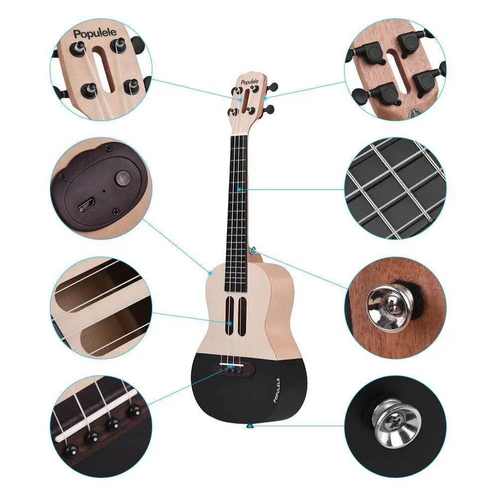 Populele U1 23in Concert Size 4 String Smart Ukulele with APP Controlled LED Light Bluetooth