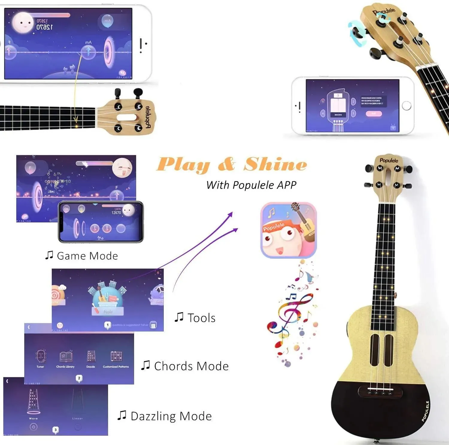 Populele U1 23in Concert Size 4 String Smart Ukulele with APP Controlled LED Light Bluetooth