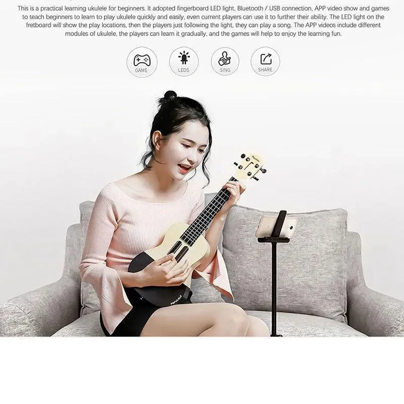 Populele U1 23in Concert Size 4 String Smart Ukulele with APP Controlled LED Light Bluetooth