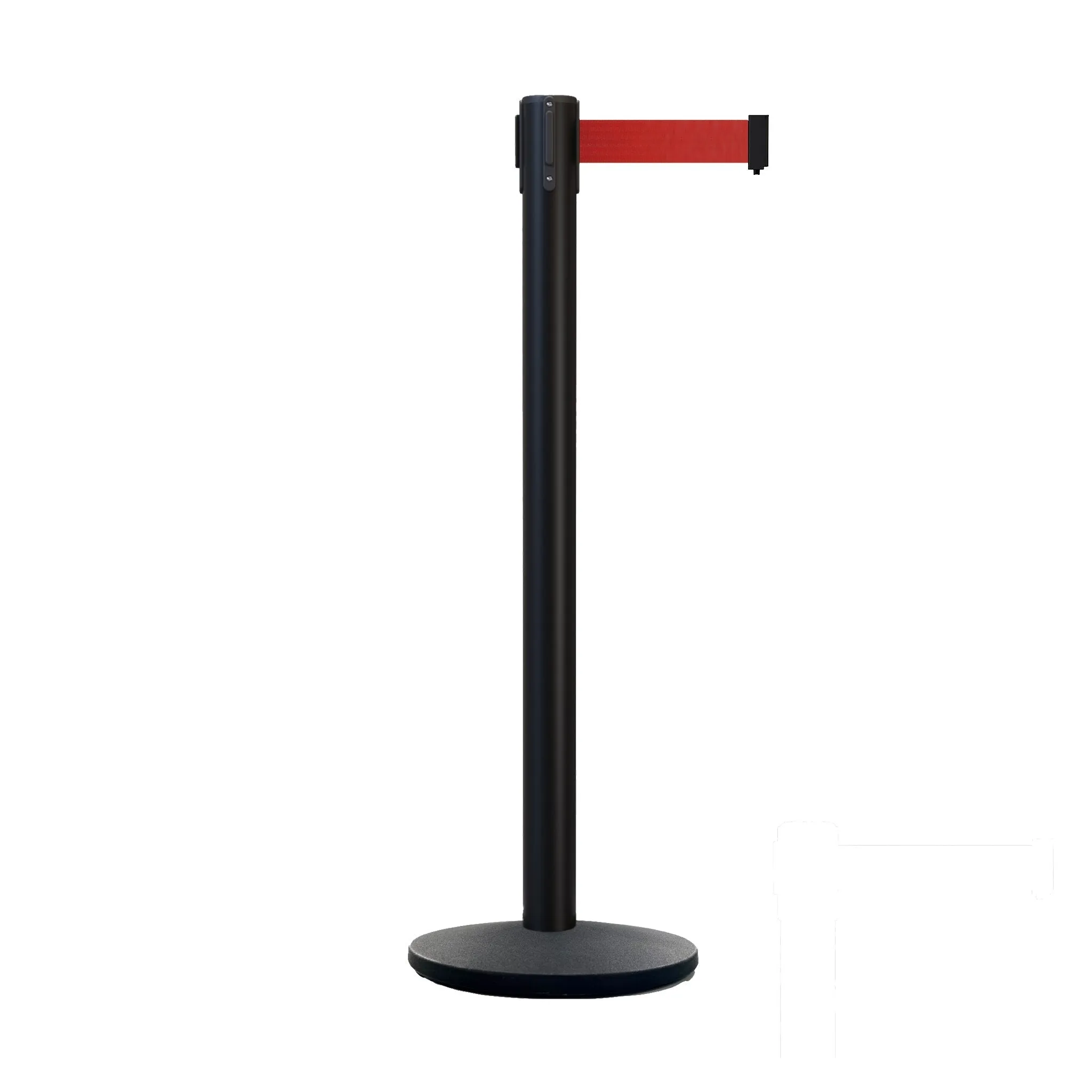 Retractable Belt Barrier Stanchion, Black Post with Heavy Duty Cast Iron Base, 14 ft Belt – Montour Line MI650