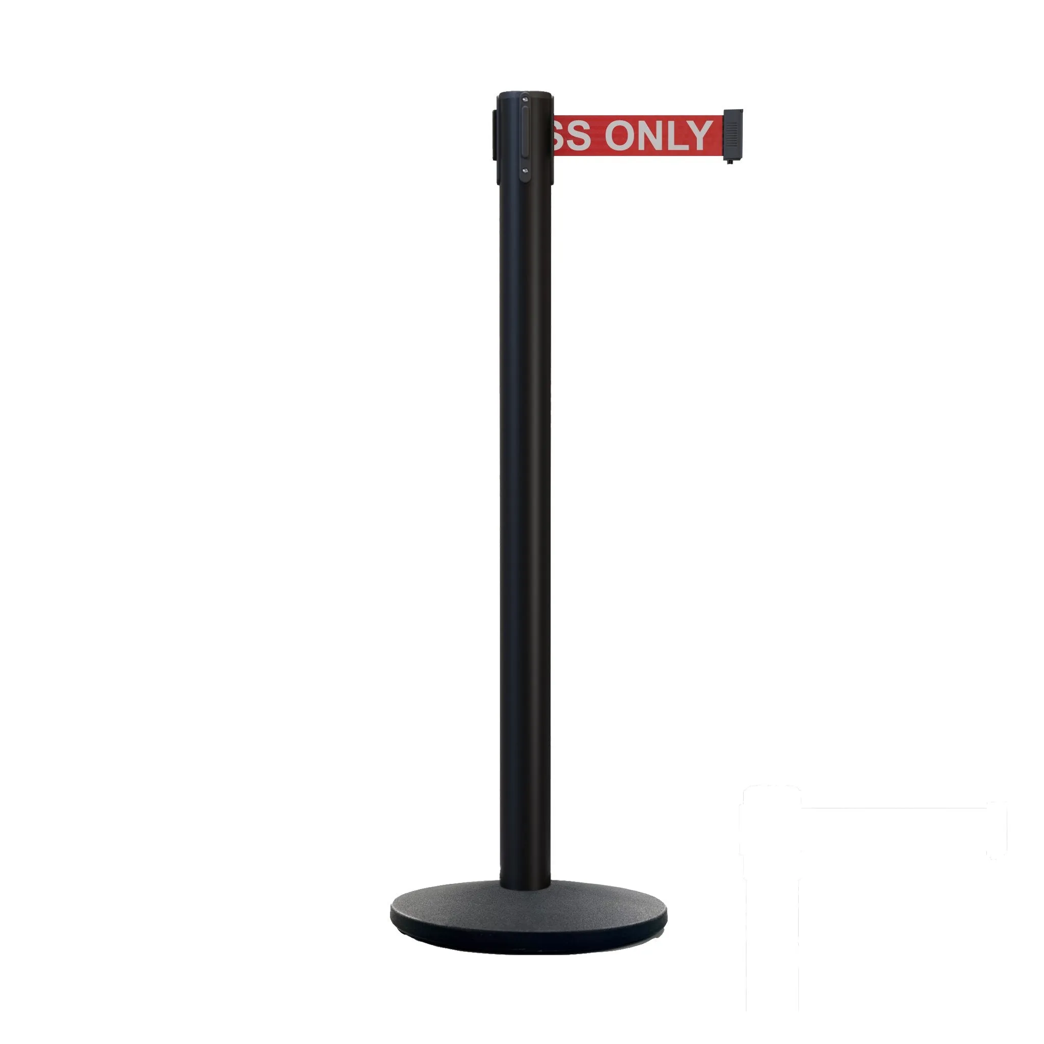 Retractable Belt Barrier Stanchion, Black Post with Heavy Duty Cast Iron Base, 14 ft Belt – Montour Line MI650