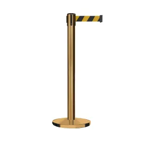 Retractable Belt Barrier Stanchion, Satin Brass Post and Heavy Duty Cast Iron Base, 14 ft Belt – Montour Line MI650