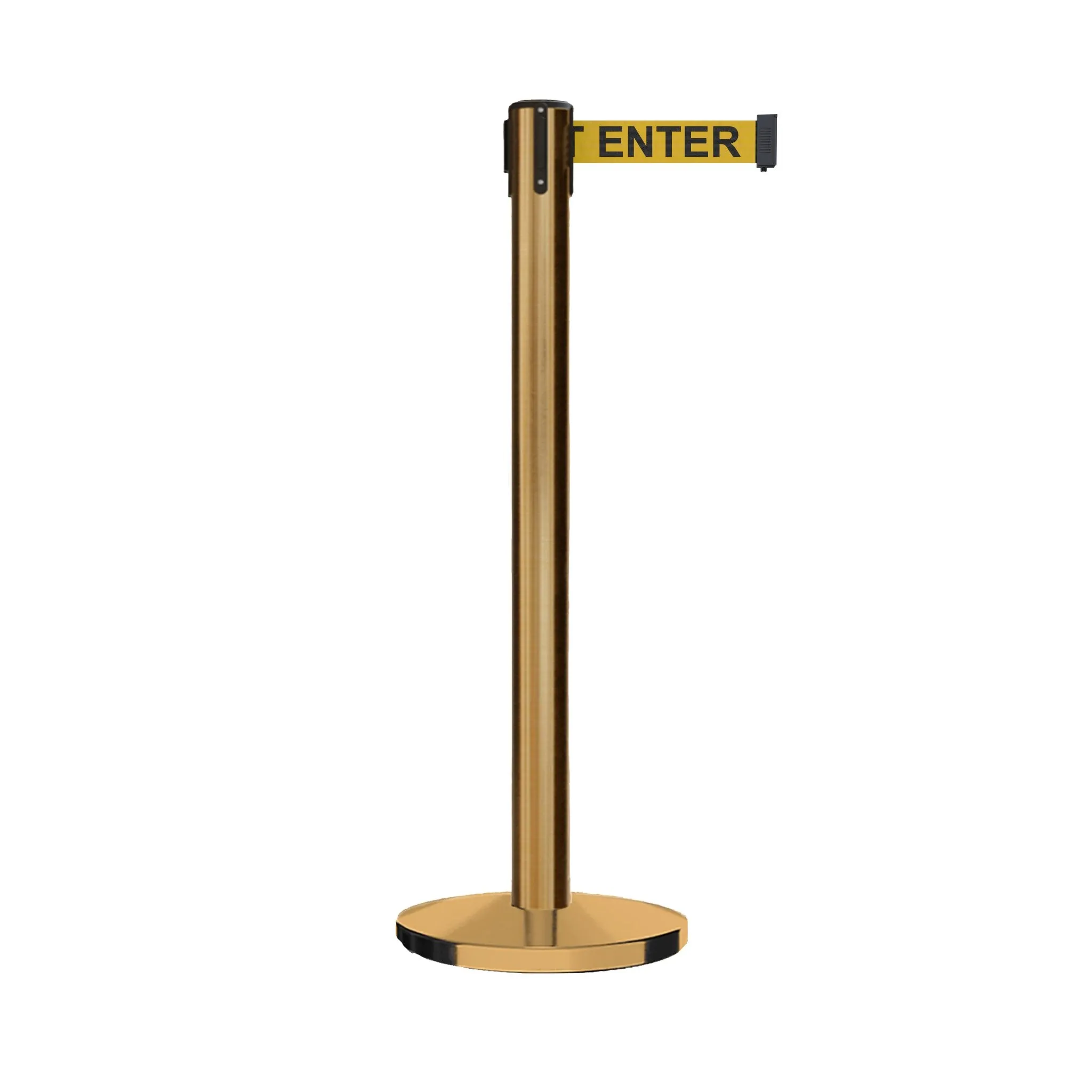 Retractable Belt Barrier Stanchion, Satin Brass Post and Heavy Duty Cast Iron Base, 14 ft Belt – Montour Line MI650