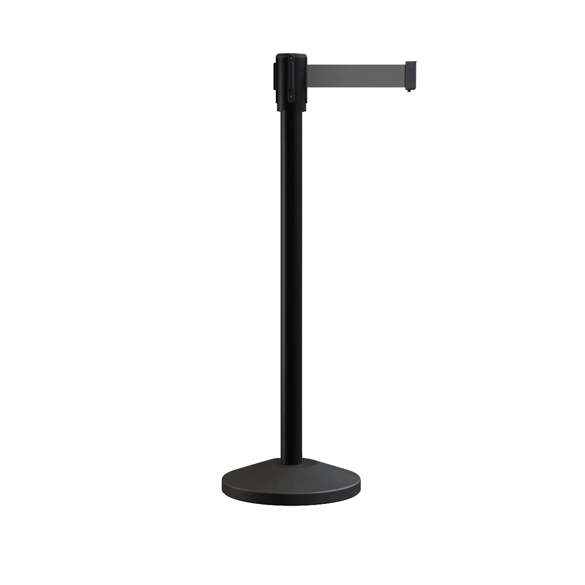 Retractable Belt Barrier Stanchion, Sloped Base, Black Powder Coated Post, 7.5 ft Belt - Montour Line M530
