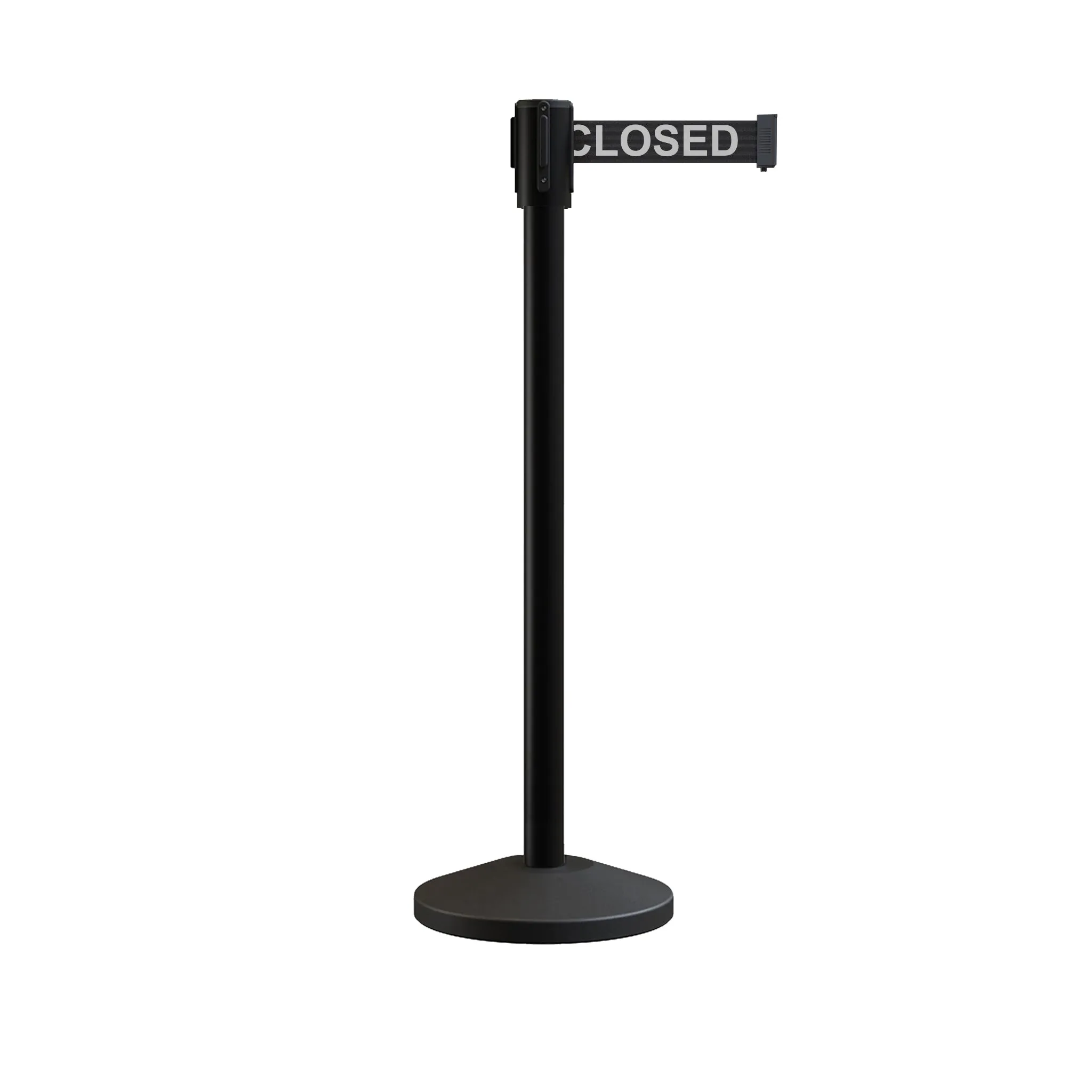 Retractable Belt Barrier Stanchion, Sloped Base, Black Powder Coated Post, 7.5 ft Belt - Montour Line M530