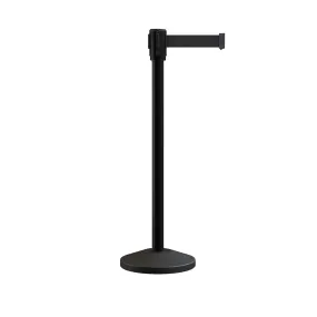 Retractable Belt Barrier Stanchion, Sloped Base, Black Powder Coated Post, 7.5 ft Belt - Montour Line M530