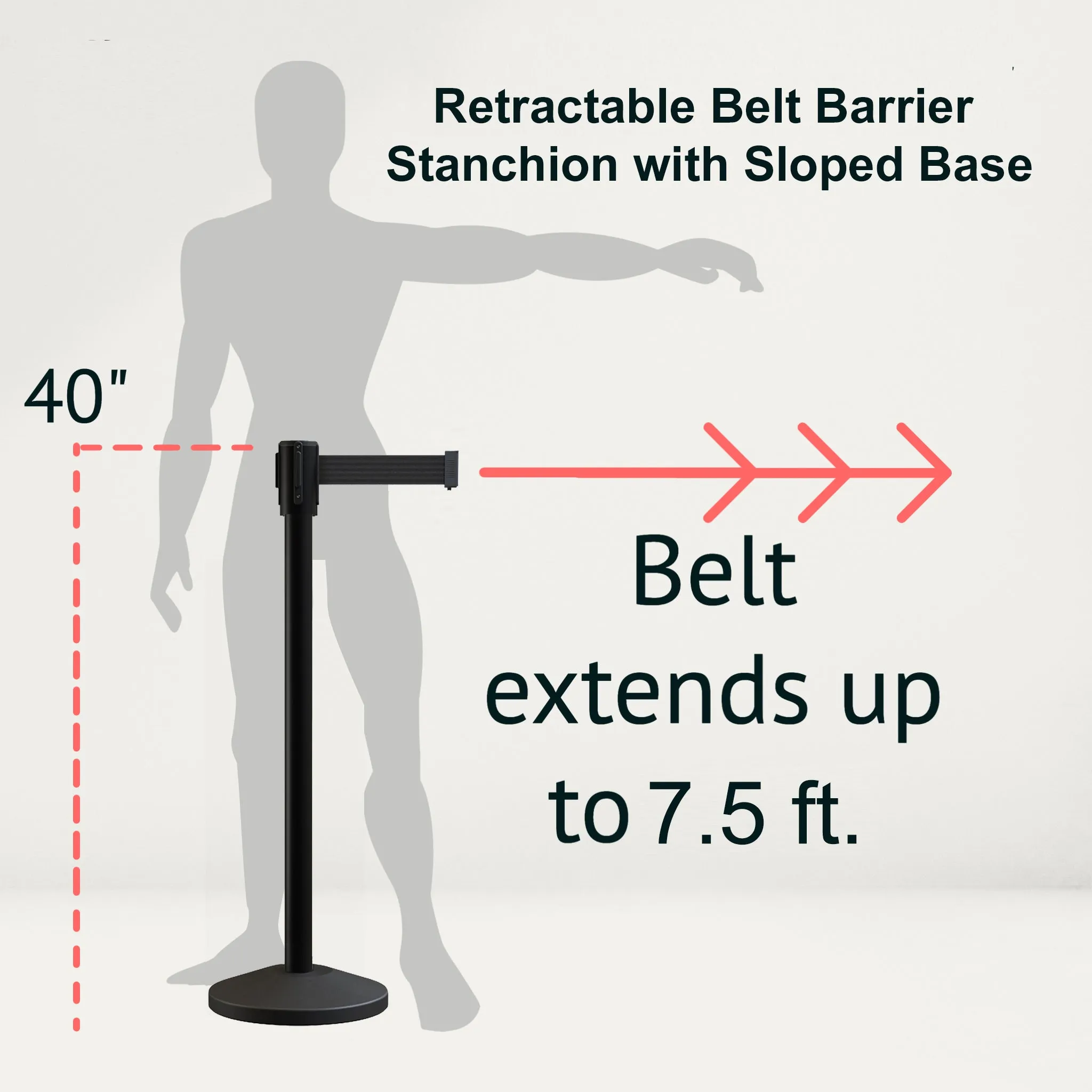 Retractable Belt Barrier Stanchion, Sloped Base, Black Powder Coated Post, 7.5 ft Belt - Montour Line M530