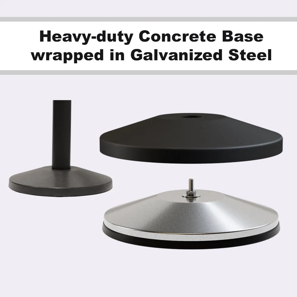 Retractable Belt Barrier Stanchion, Sloped Base, Black Powder Coated Post, 7.5 ft Belt - Montour Line M530
